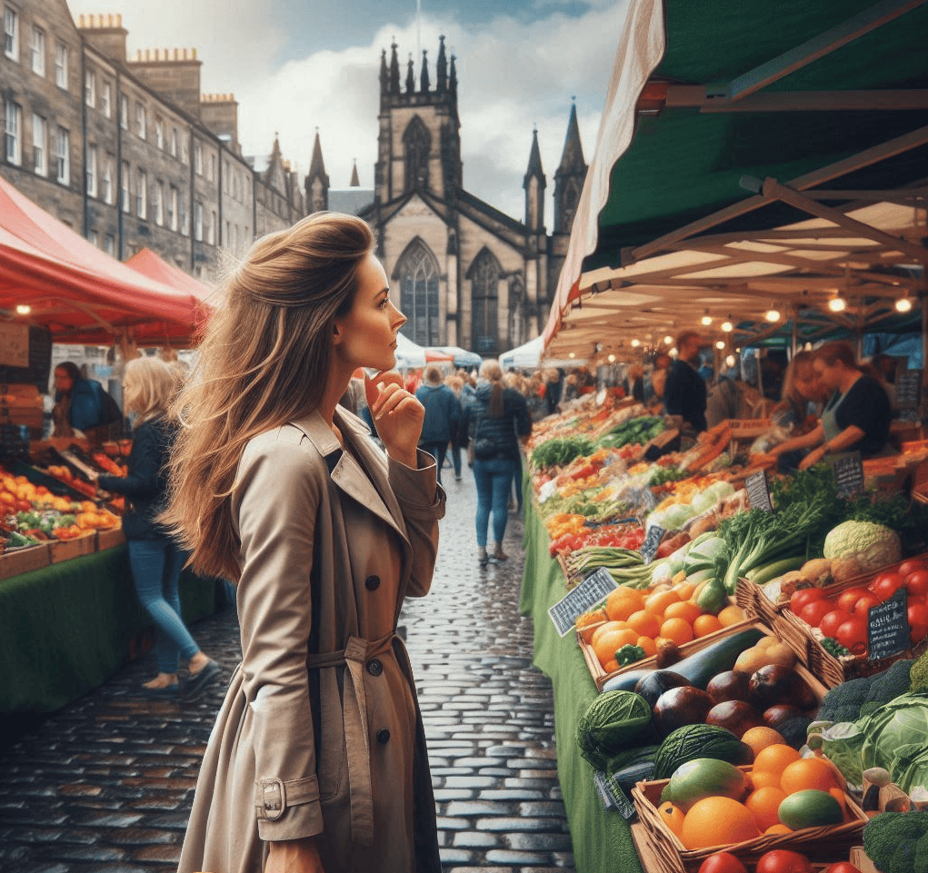 a lively farmers' market in the center of Edinburgh