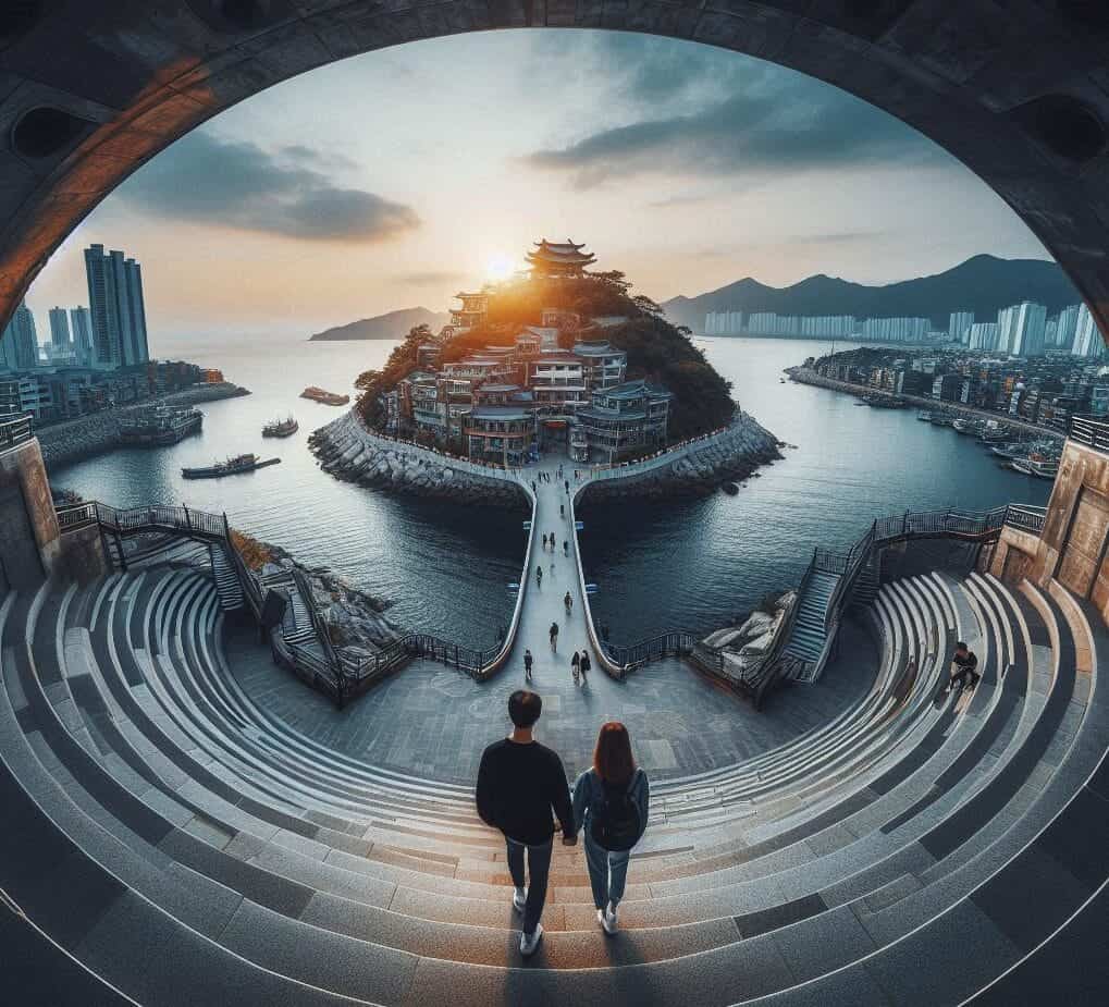 Couple visiting modern towns in South Korea