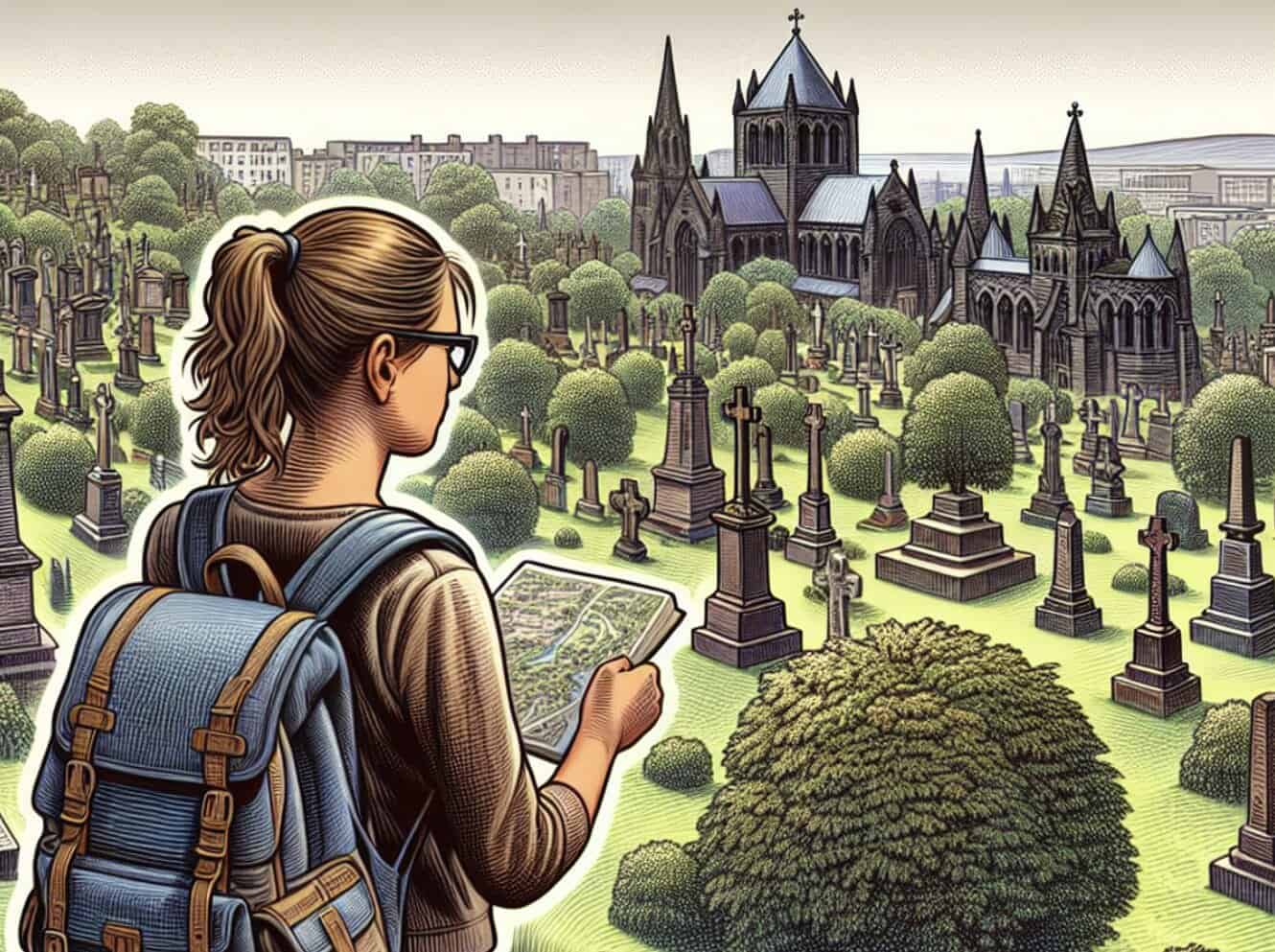 image of a woman tourist with backpack visiting Glasgow Necropolis