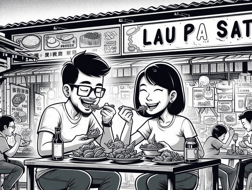 Couple eating at Lau Pa Sat in Singapore