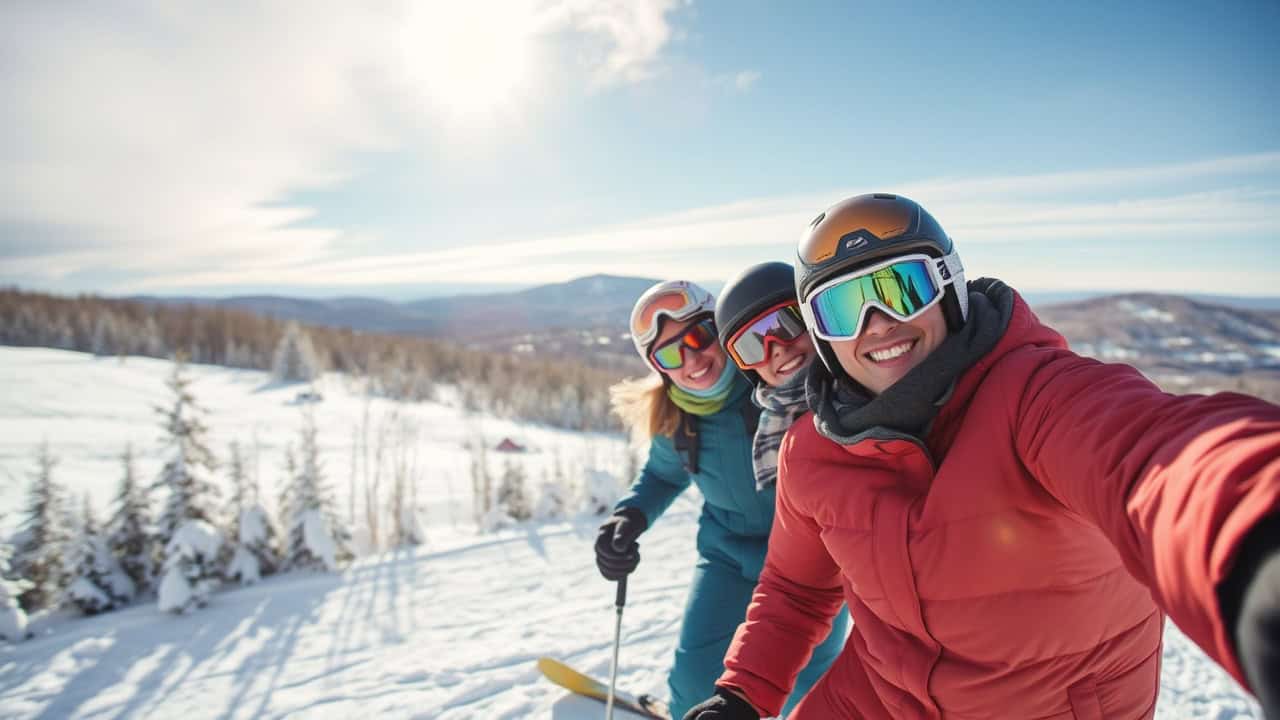 family having fun skiing at Stowe, Vermont in February